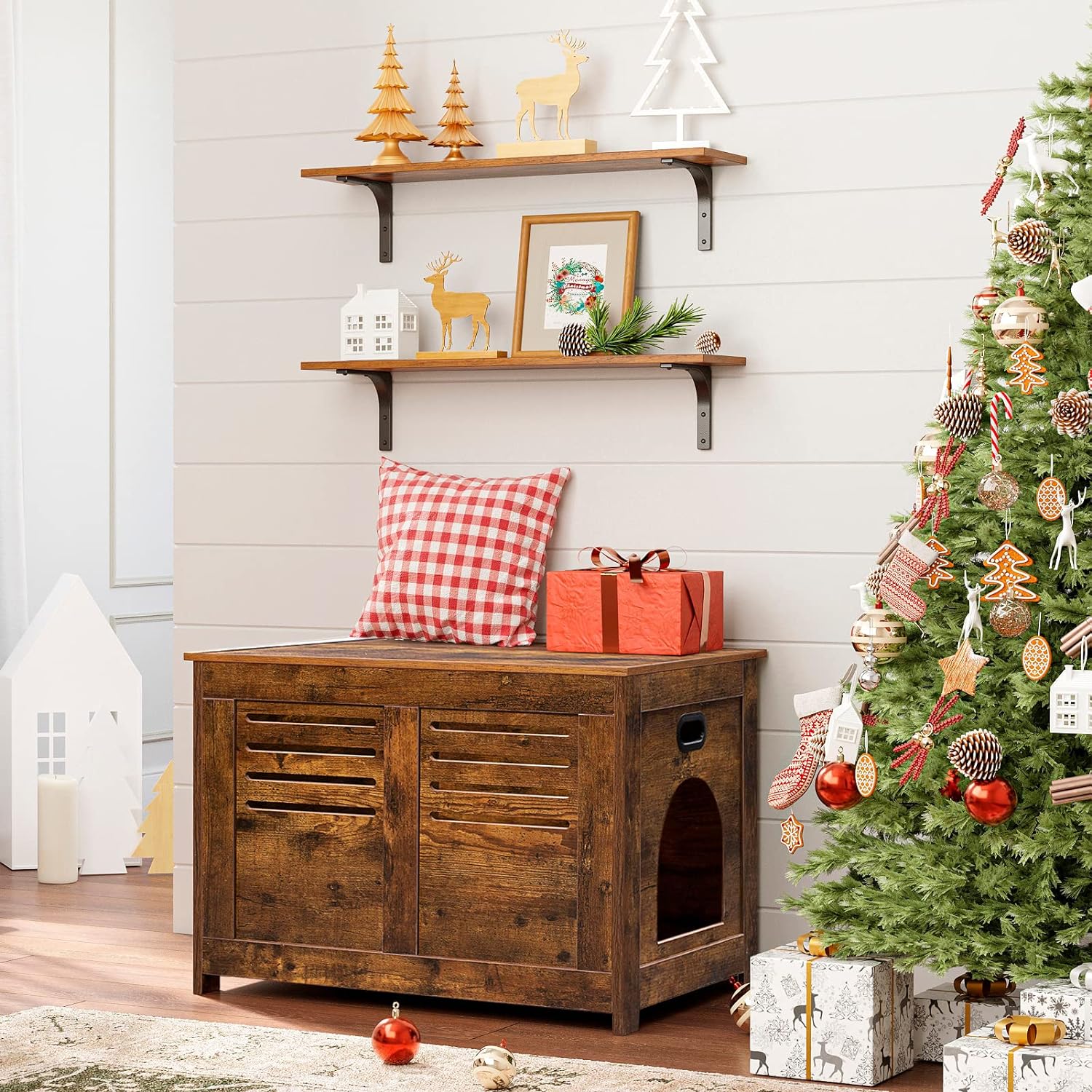 DINZI LVJ Long Wall Shelves, 31.5Inch Wall Mounted Shelves Set of 4, Extra Large Floating Storage Ledges with Sturdy Metal Brackets for Living Room, Bathroom, Bedroom, Kitchen, Rustic Brown