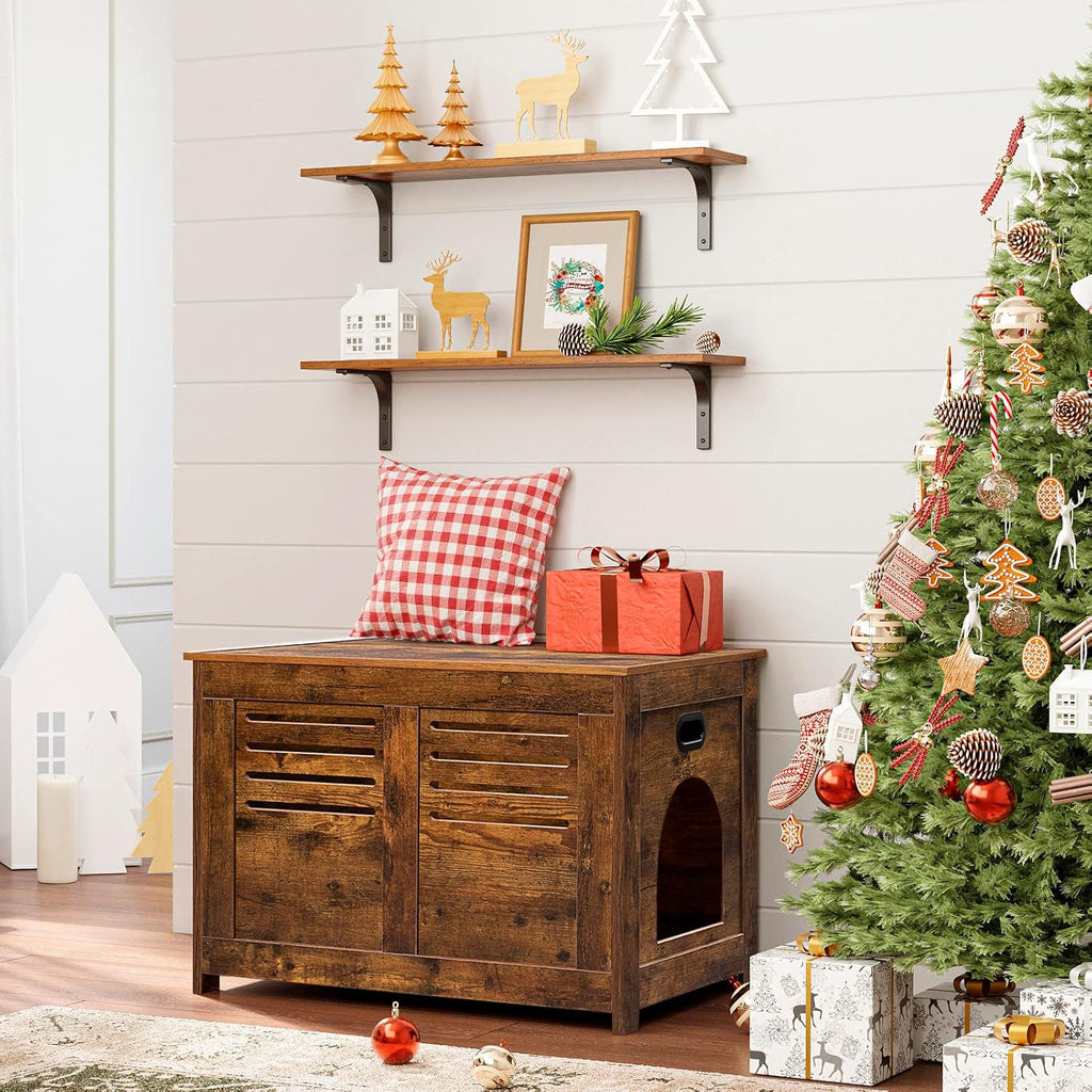 DINZI LVJ Long Wall Shelves, 23.6 Inch Wall Mounted Shelves Set of 2, Easy-to-Install, Wall Storage Ledges with Sturdy Metal Brackets for Living Room, Bathroom, Bedroom, Kitchen, Rustic Brown