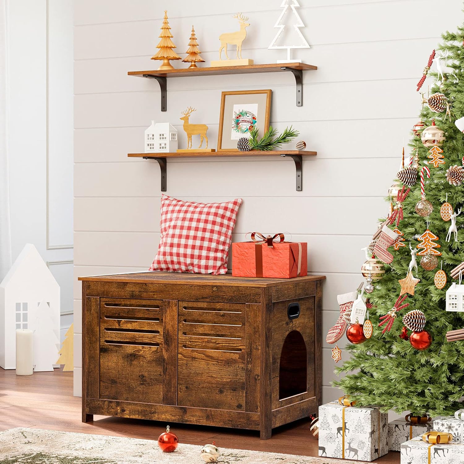 DINZI LVJ Long Wall Shelves, 23.6 Inch Wall Mounted Shelves Set of 2, Easy-to-Install, Wall Storage Ledges with Sturdy Metal Brackets for Living Room, Bathroom, Bedroom, Kitchen, Rustic Brown