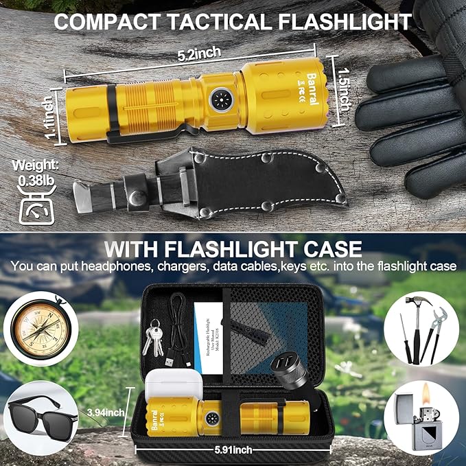 Flashlights High Lumens Rechargeable, 20000 Lumens Super Bright 1500 Meters Long Range Small Powerful Flashlight, 6 Modes LED Tactical Pocket Waterproof Flash Light for Home Emergency (1, Yellow Gold)