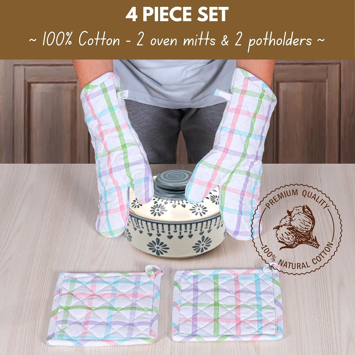 Native Fab 4 Piece Set - 2 Oven Mitts & 2 Potholders, Heat Resistant, 100% Cotton, Quilted Design, Non-Slip Grip, Ideal for Baking, Cooking, BBQ, Kitchen Protection, Multi-Color Checks