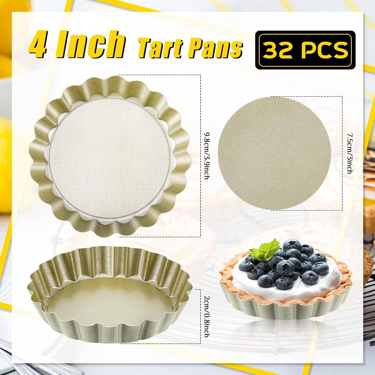 Uiifan 32 Pcs Mini Tart Pans Egg Tart Molds with Removable Bottom Round Nonstick Quiche Pan Mini Pie Pans Small Bakeware Mold Fluted Side for Mousse Cake Dessert Baking(4 Inch,Gold)