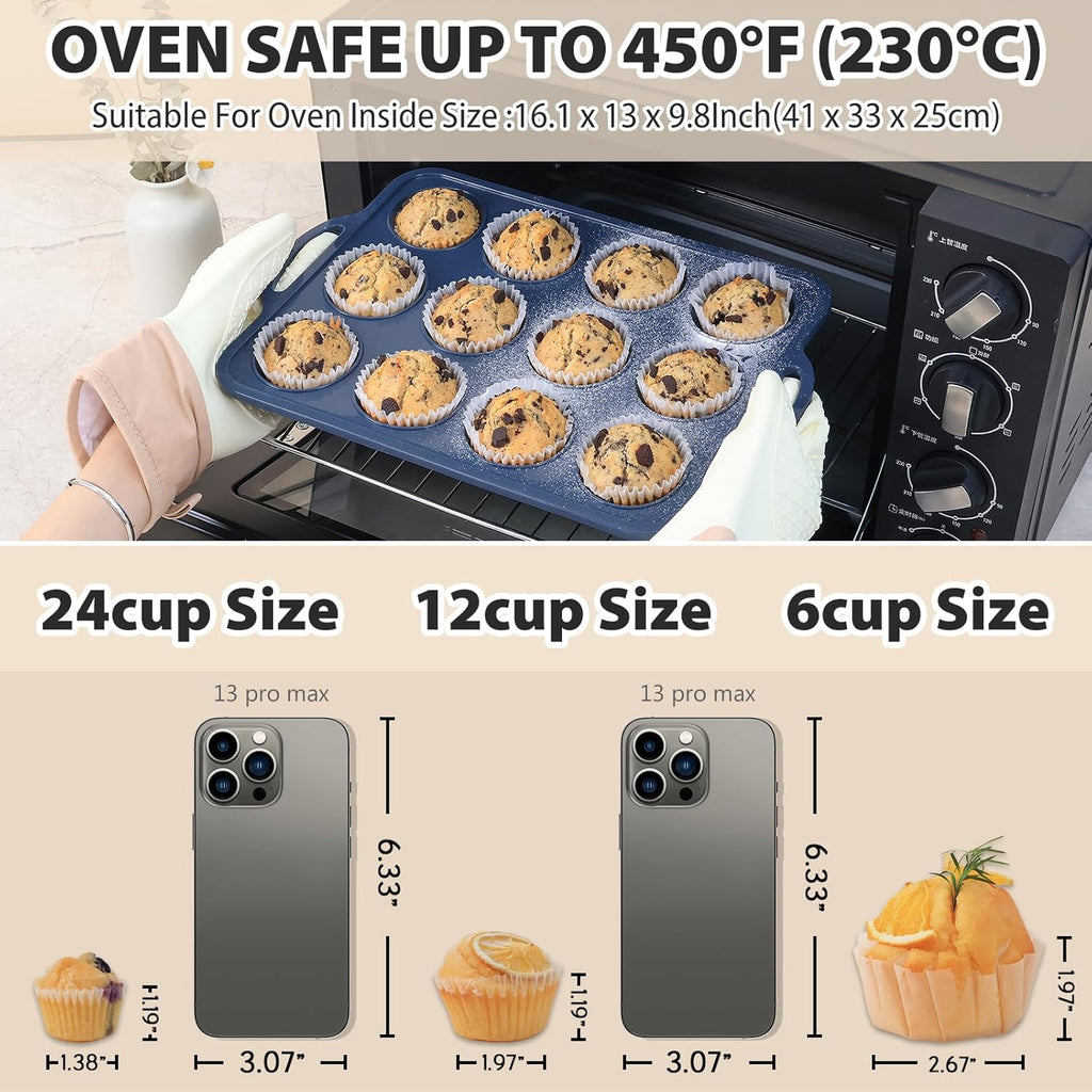 2 pack Silicone Muffin Pan with Metal Frame, Non Stick Silicone Cupcake Pan with Handles Regular 12 Cup, BPA Free Silicon Muffin Tin Tray for baking, egg bites, Cupcake Mold Grey