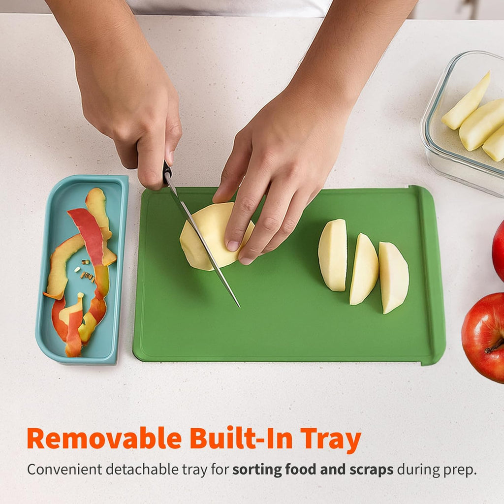 IMUSA Nesting Cutting Board Set with Removable Tray – 4 Piece 14" x 7.5" Plastic Cutting Boards for Kitchen, Color Coded Chopping Board Set, Dishwasher Safe, Easy to Clean, Food Prep Boards