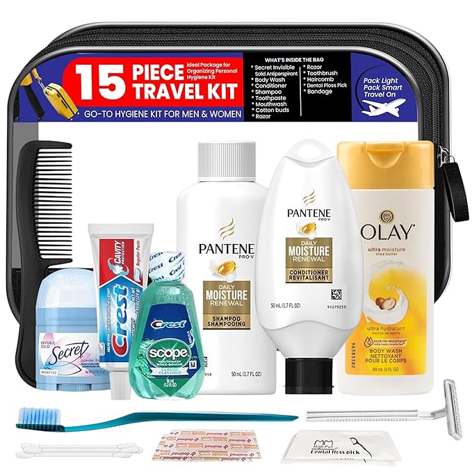 Trektote Travel Toiletry Kit For Women – 15 Piece Set of Travel Size Toiletries, TSA Compliant, Includes Pantene Shampoo And Conditioner, Olay Body Wash, Reusable Toiletry Bag & More