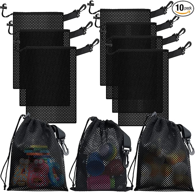 10 PCS With Clips Mesh Drawstring Bags, Portable Nylon Storage Bags for toy,Sports Storage,Outdoor activities etc. (5.9x7.9in)