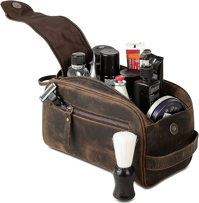 Premium Buffalo Leather Dopp Kit Toiletry Bag – Rustic Vintage Style Travel Organizer with Zipper Closure – Leather Shaving Bag for Men & Women and Spacious with Easy Carry Handle