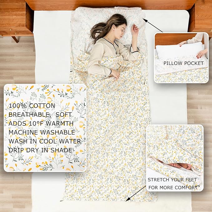 100% Cotton Sleeping Bag Liner with Full Length Zipper on 3 Sides; Single/Double Adult Sleep Sack for Travel & Camping, Multifunctional Travel Sheets (Unzipped 87”x87”) for Hotel, Lightweight