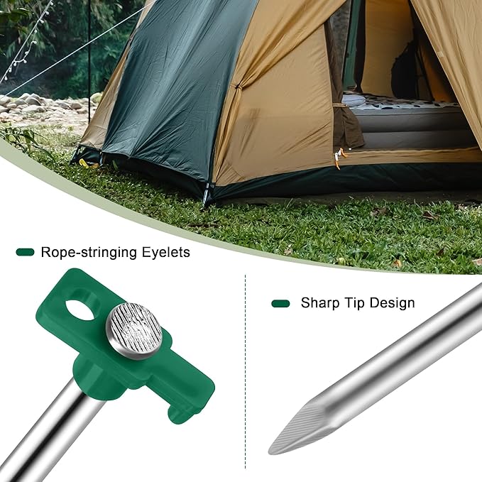 Aodaer 12 Pack Tent Stakes Heavy Duty Tent Pegs 10.25 Inch Non-Rust Metal Yard Stakes with 4x10ft Ropes and Storage Bag Inflatable Stakes for Gardening & Canopies, Camping Halloween Christmas, Green