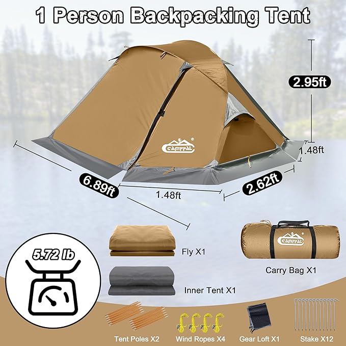 1 Person Backpacking Tent, Waterproof 4 Season Tent, Lightweight Cold Weather Tent Easy Setup for Winter Hiking, Camping, Hunting