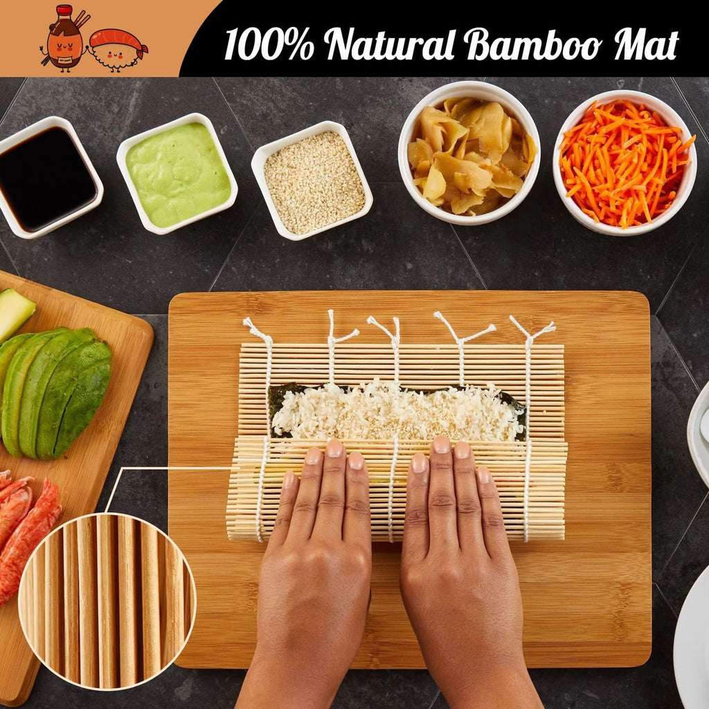 No Plastic Bamboo Sushi Making Kit, Sushi Roller, 2 Bamboo Sushi Rolling Mats, 5 Pairs Chopsticks, Sauce Dish & More - Natural Sushi Maker Set for Beginners DIY Sushi at Home