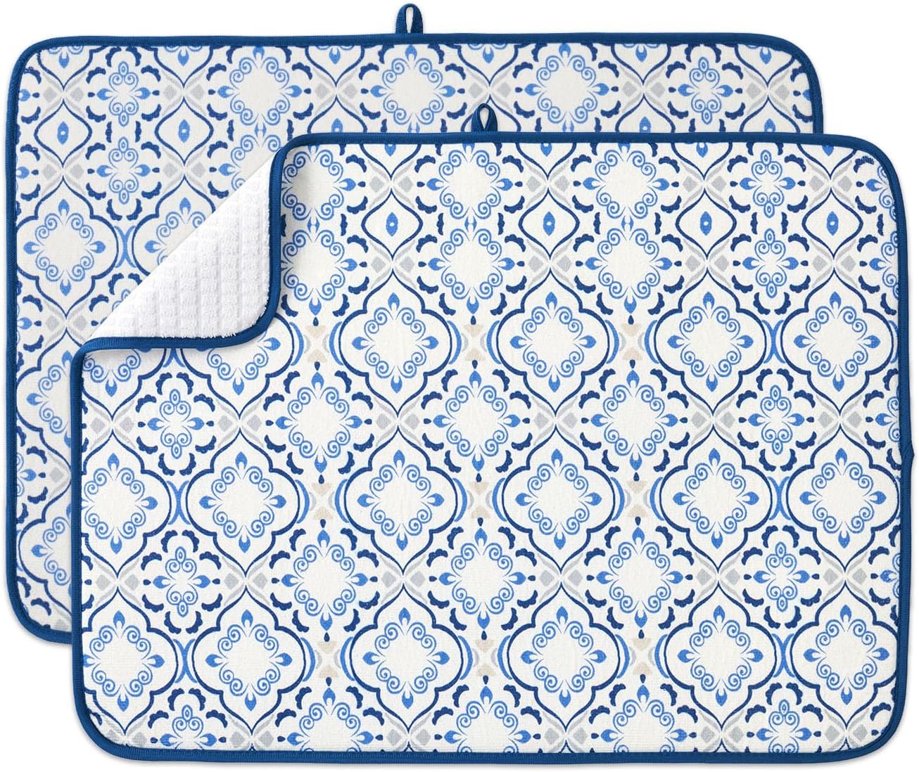 FRESHMINT Printed Dish Drying Mats for Kitchen Counter 2 Pack Absorbent Reversible Drying Mats Microfiber Kitchen Countertop Protector Dishes Drying Pad Extra Large 18"x24" Dish Mat