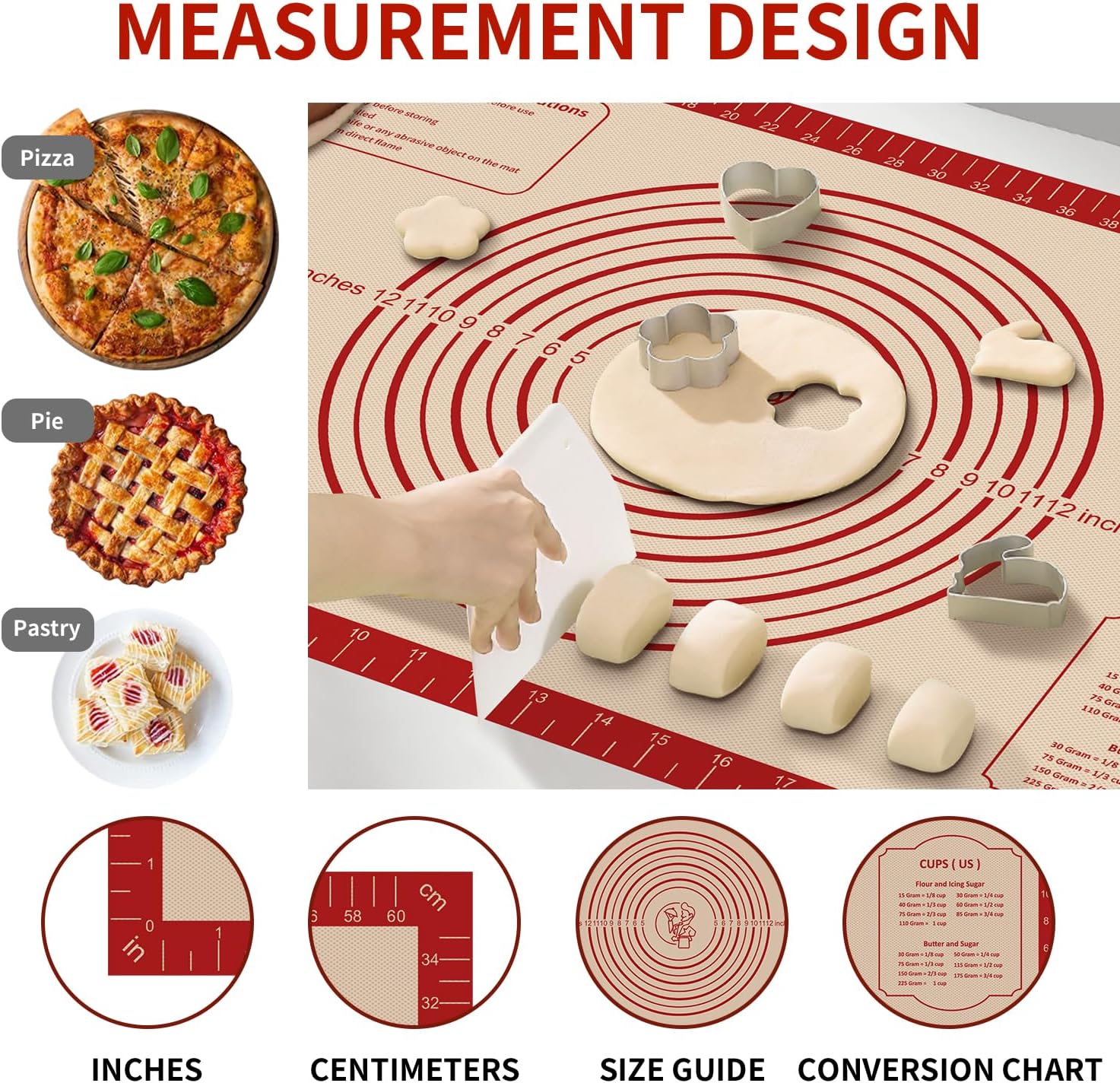 Silicone Baking Mat, Reusable Non-Stick Pastry Mat for Rolling Out Dough, Pizza Crust Pie Baking Mat, Cookies, Cake, Bread, Chocolate, Pastry, Oven Mat