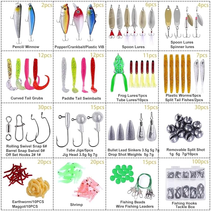 PLUSINNO Fishing Lures Baits Tackle Including Crankbaits, Spinnerbaits, Plastic Worms, Jigs, Topwater Lures, Tackle Box and More Fishing Gear Lures Kit Set, 102/302Pcs Fishing Lure Tackle