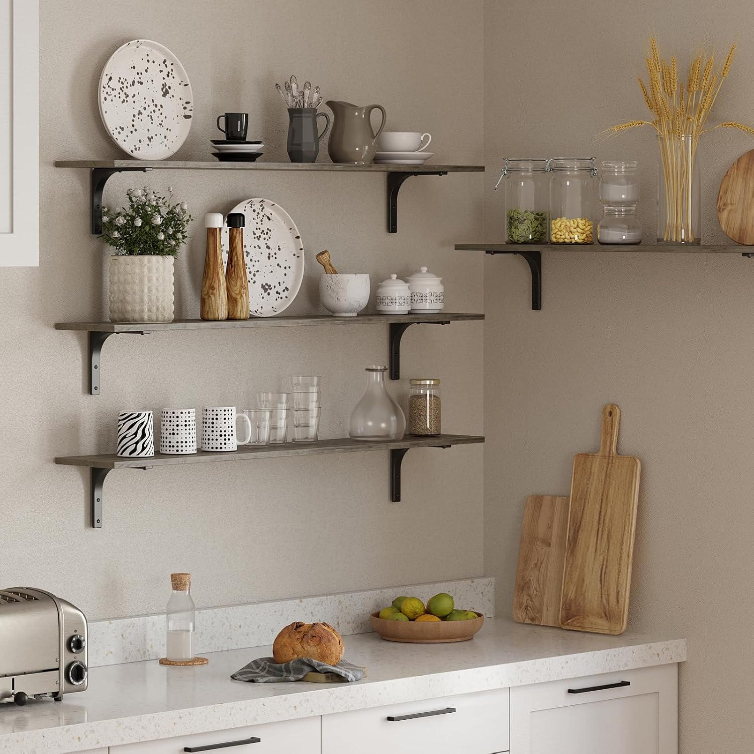 DINZI LVJ Long Wall Shelves, 55.1Inch Wall Mounted Shelves Set of 2, Extra Large Floating Storage Ledges with Sturdy Metal Brackets for Living Room, Bathroom, Bedroom, Kitchen, Gray Wash