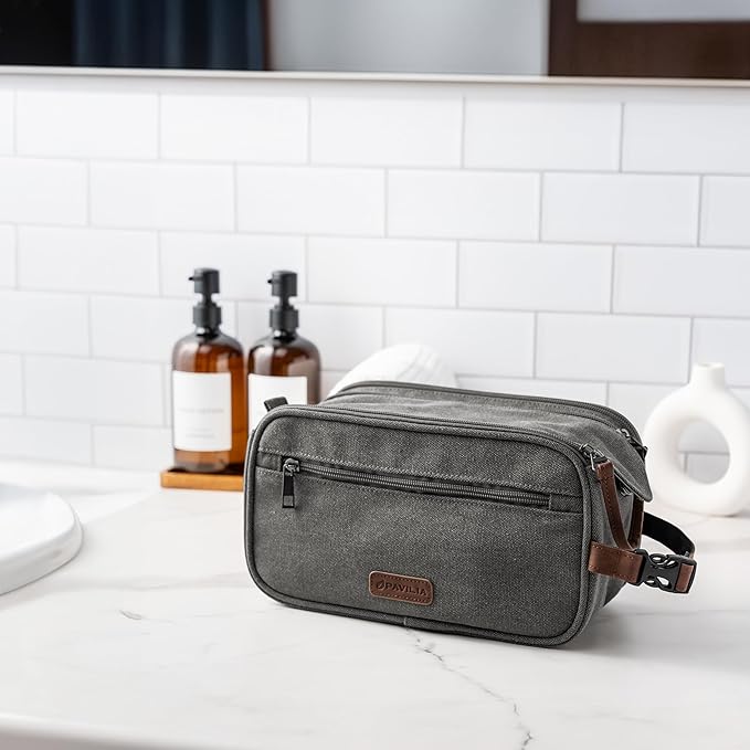 PAVILIA Toiletry Bag for Men Women, Canvas Travel Dopp Kit, Water Resistant Hygiene Bag Toiletries Organizer, Shaving Kit Travel Accessories Bag, Grey