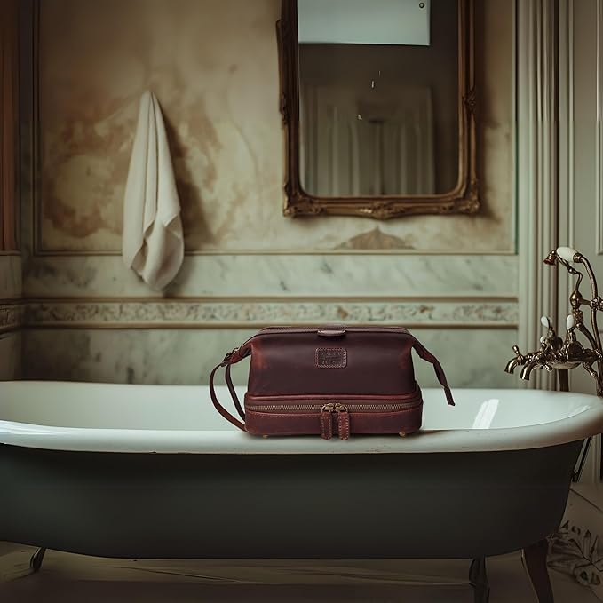 LEATHER VILLAGE Genuine Leather Dopp Kit – Large Travel Toiletry Bag with Waterproof Lining, Dual-Zip Design for Men & Women, Organizer for Shaving, Makeup & Essentials - Cherry