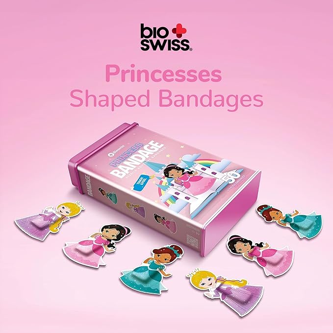 BioSwiss Bandages, Princess Shaped Self Adhesive Bandage, Latex Free Sterile Wound Care, Fun First Aid Kit Supplies for Kids, 50 Count