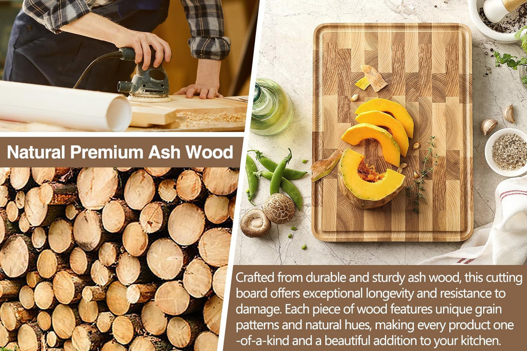 XINZUO Ash Wood Cutting Board for Kitchen, (13.8''L x 9.8''W x 1''T)-End Grain Wood Cutting Board for Meat-Chopping Boards with Slip Feet, Side Handles,Juice Groove