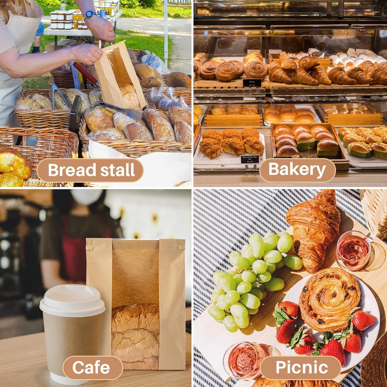 24 Bread Bags with Reusable Ties - Homemade Sourdough Bread Storage Bags Brown Paper Bagel Loaf Bakery Bags with Window Toast Bags with Resealable Ties Disposable Baked Goods Sale Packaging