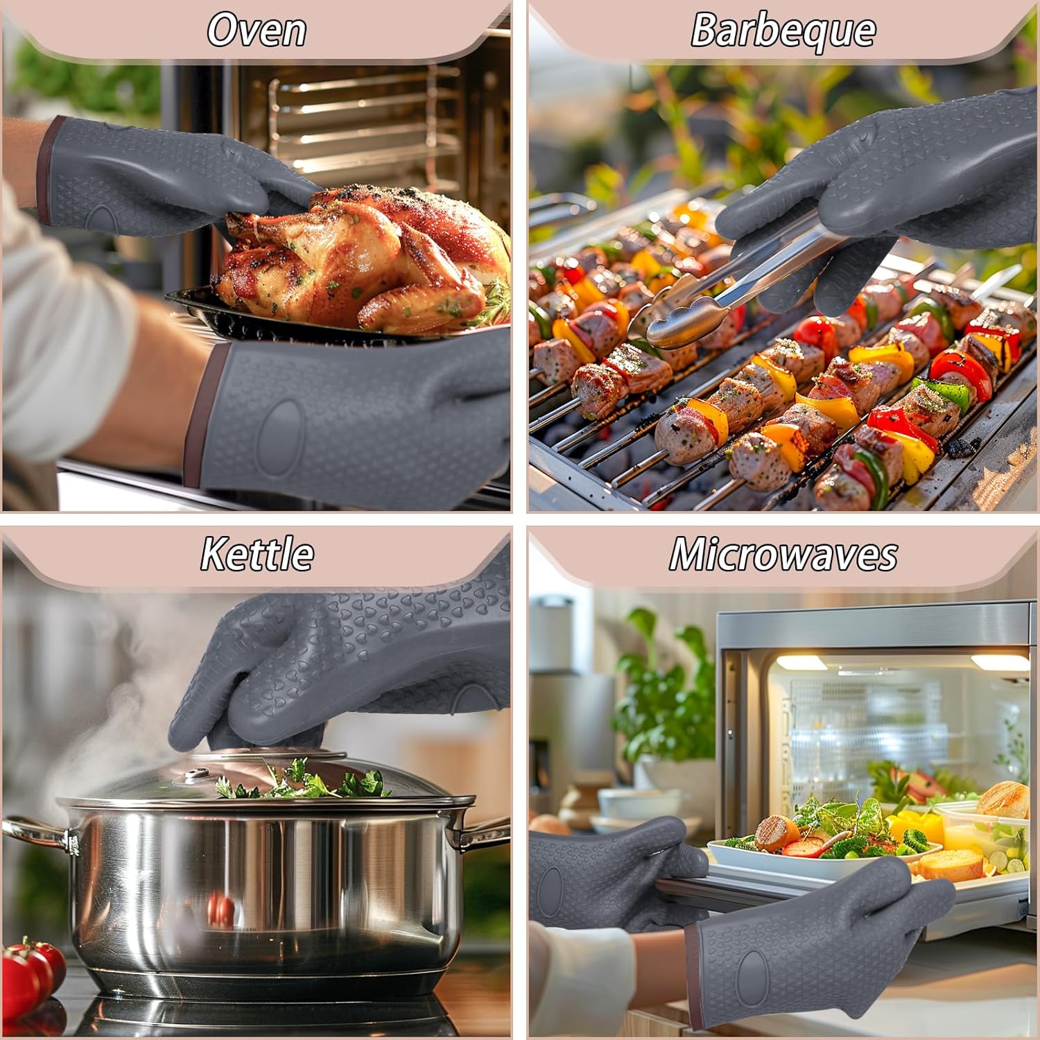 Oven Mitts with Fingers, Heat Resistant 500°F, Waterproof & Non-Slip Kitchen Gloves for Baking, Grilling, Cooking.5-Finger Design with Soft Lining, Hanging Hook,Gray