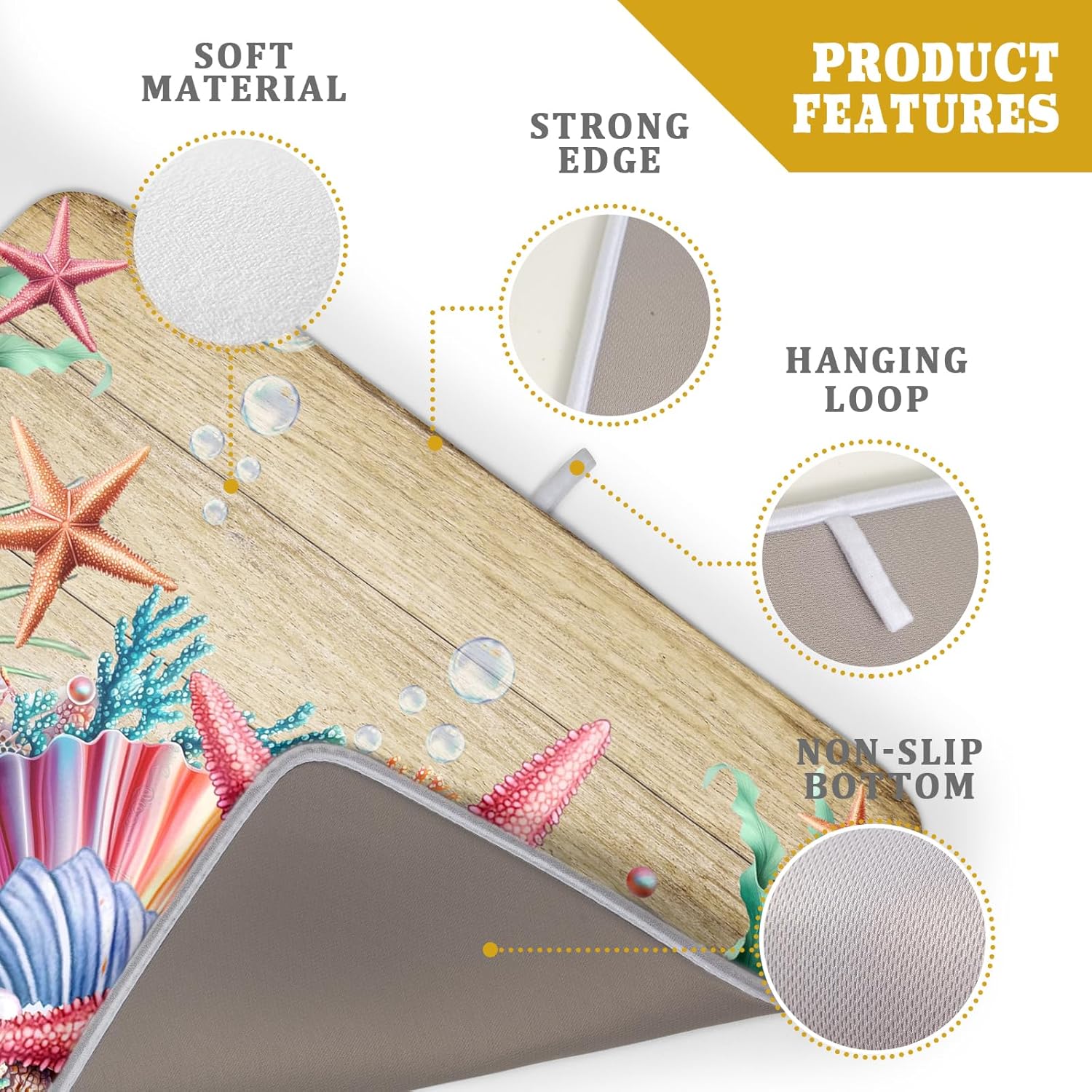 Summer Beach Dish Drying Mat - Seashells Starfish Absorbent Drying Matt Kitchen Counter for Home Decor