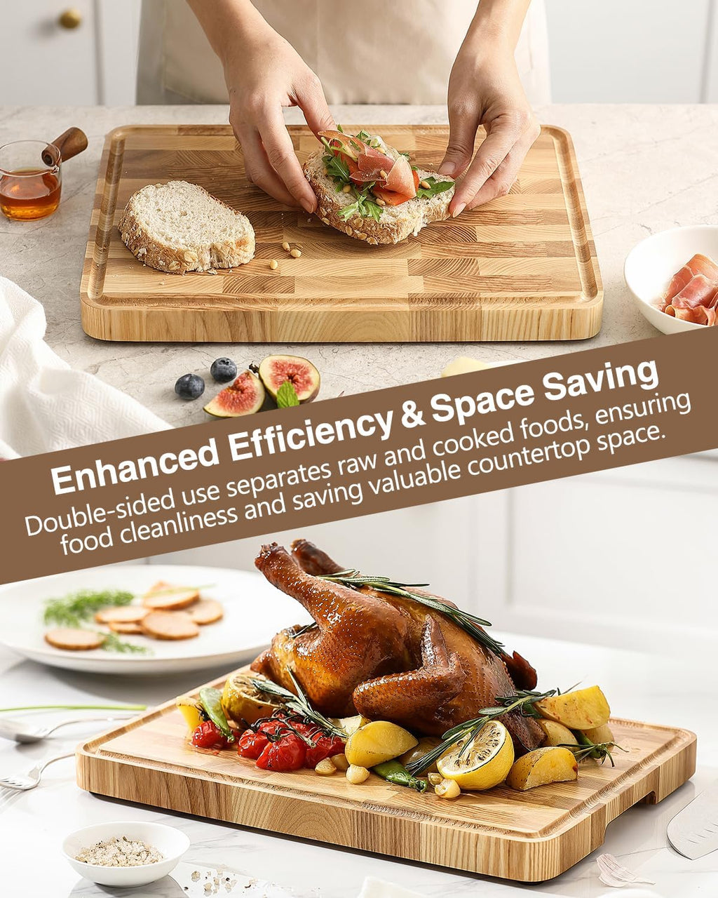 XINZUO Ash Wood Cutting Board for Kitchen, (13.8''L x 9.8''W x 1''T)-End Grain Wood Cutting Board for Meat-Chopping Boards with Slip Feet, Side Handles,Juice Groove