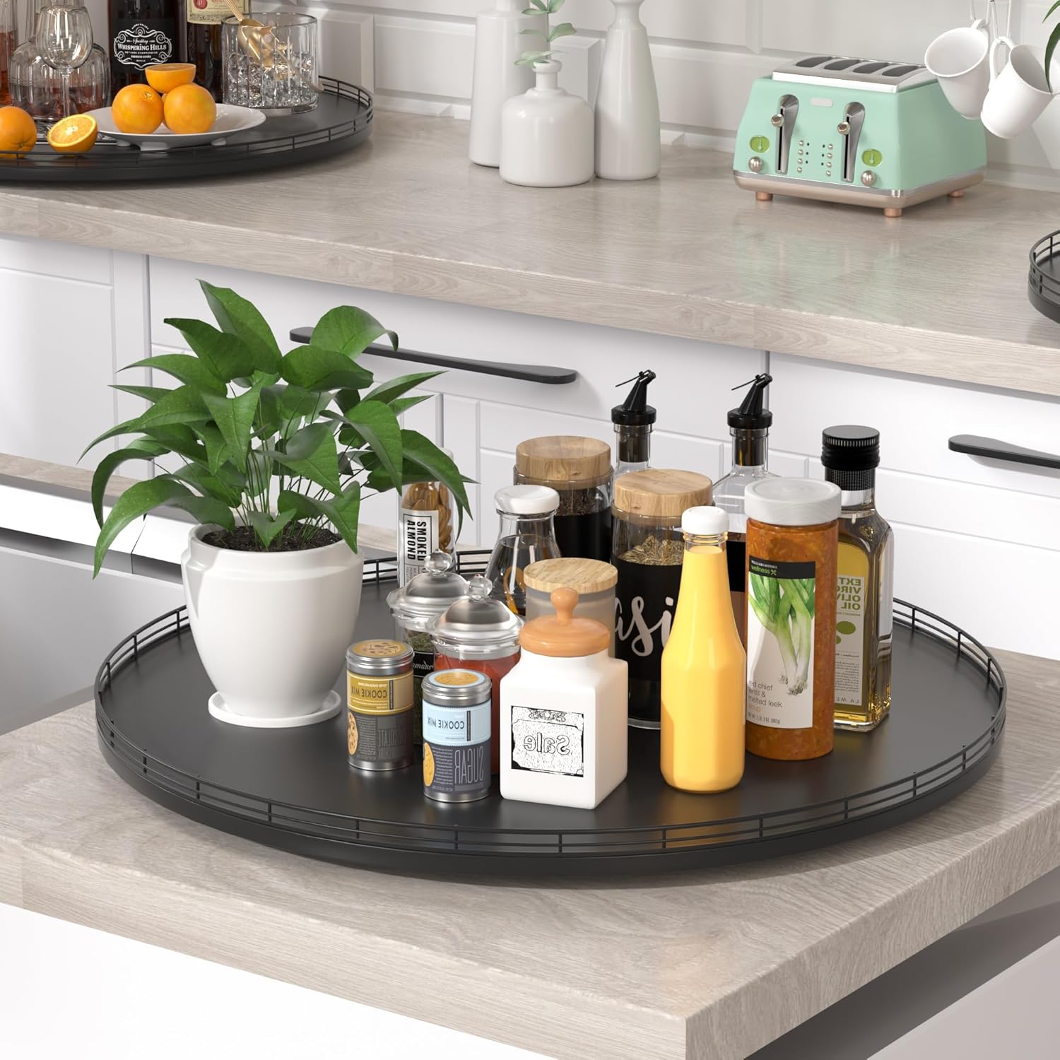 24" Oak Wooden Lazy Susan Turntable for Dining Table, Extra Large Round Lazy Susans Organizer for Kitchen Countertop Charcuterie Boards Cheese Board Organization and Storage Black Home Decor