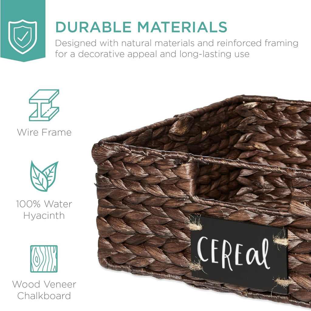 Best Choice Products Set of 4 13x12in Water Hyacinth Pantry Baskets, Woven Organizers w/Chalkboard Label, Chalk Marker - Brown