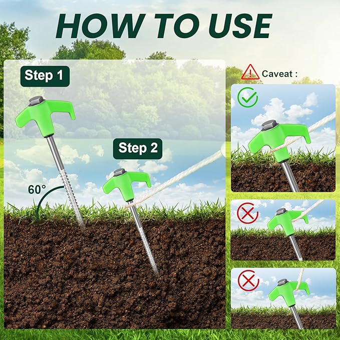 12 Pack 8" Screw in Tent Stakes Heavy Duty- Ground Anchors Screw- Tent Pegs Camping Stakes- Hex Pegs Drillable Tent Stakes and Hexagon Head Drive and Storage Box(Green)