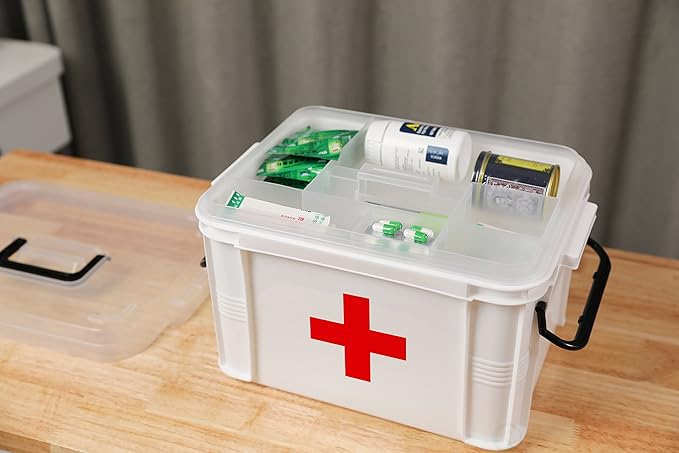 White Large Empty Medical Box for Home Emergency Supplies, Travel, Car, and Dorms – Compact First Aid Box with Handle, Detachable Tray and Locking Lid – Medical Organizer and First Aid Kit Storage