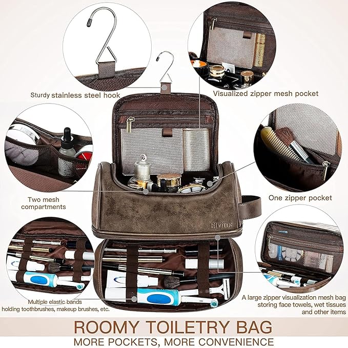 Elviros Toiletry Bag for Mens PU Leather Travel Organizer Kit with Hanging hook, Large Water-resistant Toiletries Bathroom Shaving Bags (Coffee)