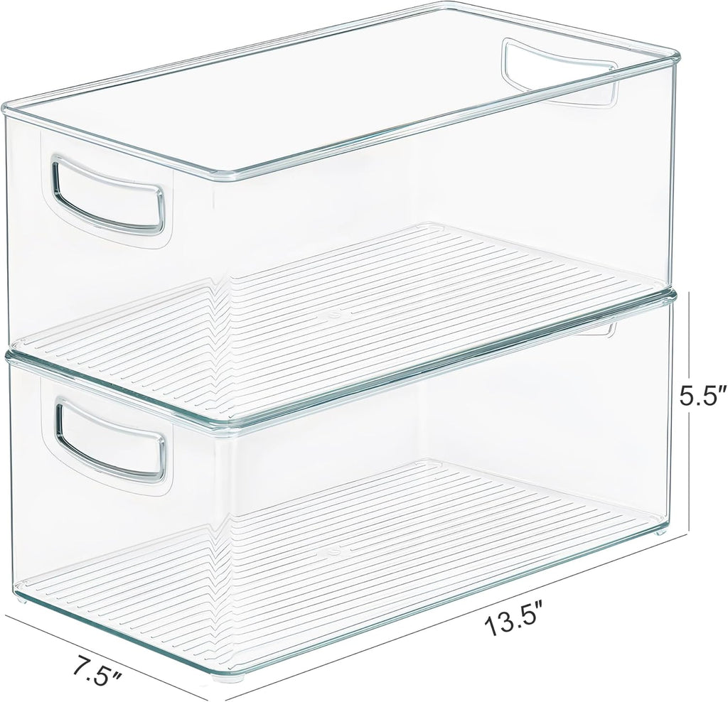2 Pack Clear Freezer Organizer Bins Stackable Storage Bins with Side Handles for Kitchen Pantry Cabinet Organzation and Storage