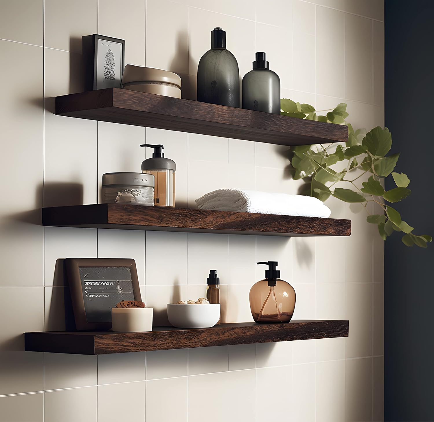 Wood Floating Shelves for Wall, Wooden Wall Shelves for Bedroom, Wall Mounted Shelves for Living Room, Set of 6 Brown 24 Inch