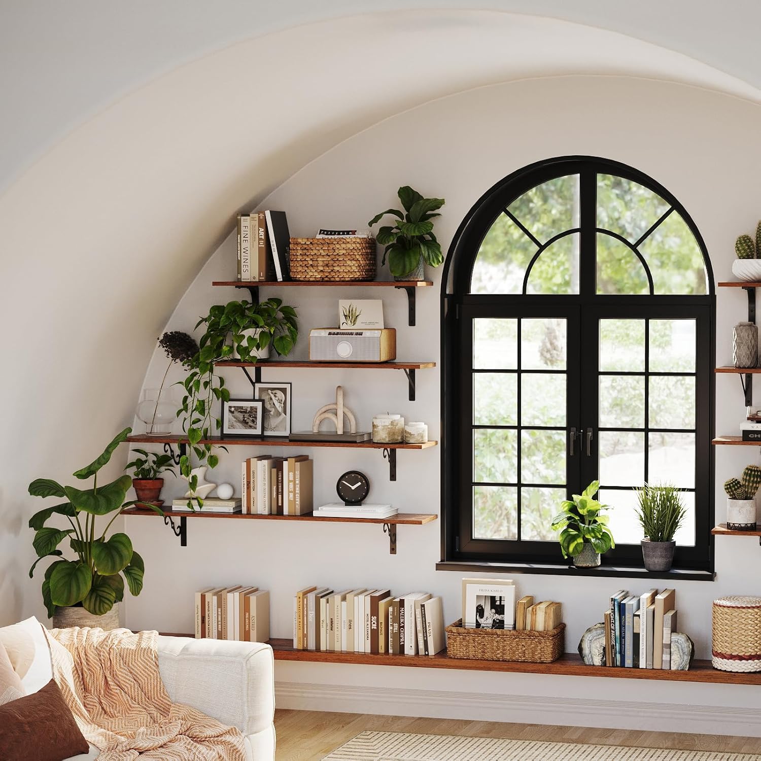 DINZI LVJ Long Wall Shelves, 23.6 Inch Large Floating Shelves Set of 2, Wide Display Shelf Wall Mounted with Brackets, Easy Hanging for Living Room, Toilet, Office, Bedroom, Rustic Brown