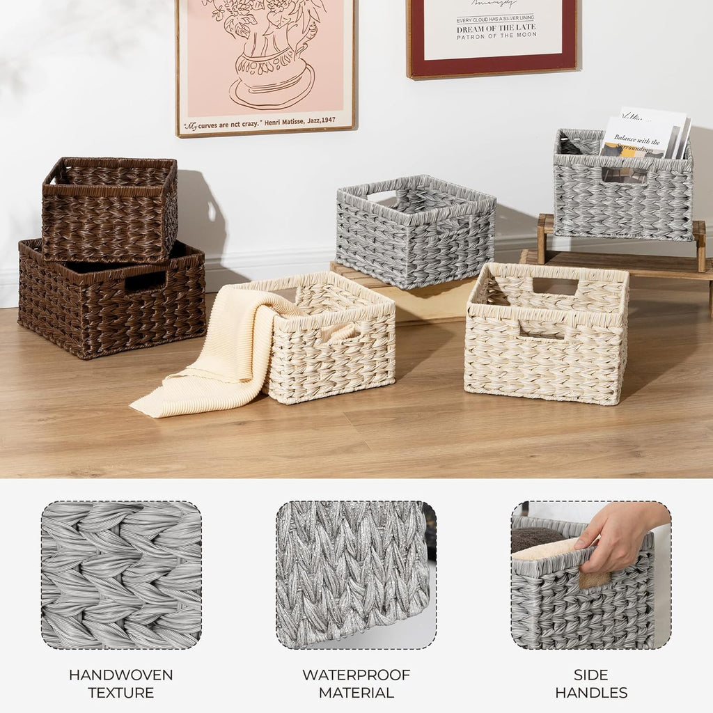 GRANNY SAYS Wicker Baskets for Organizing, Storage Basket for Shelves, Square Shelf Baskets with Handles, Waterproof Woven Basket for Living Room, Baskets for Entryway, Grey