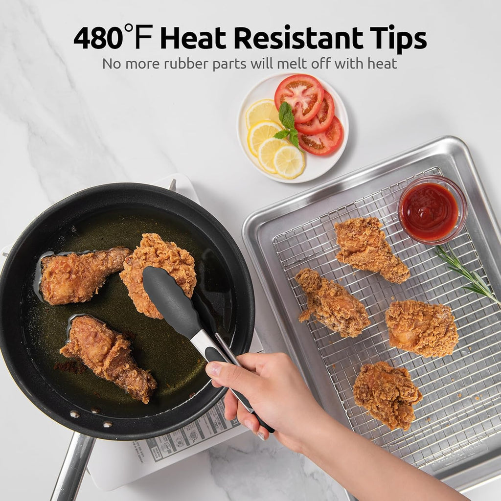 480ºF Heat Resistant Kitchen Tong: U-Taste 7 inch Silicone Cooking Tong with Firm Sealed Non Stick Rubber Tips & Silicon Coated 18/8 Stainless Steel Handle & Smooth Locking for Serving Salad (Black)