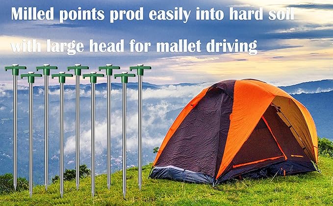 Cheardia 20 Pack Tent Stakes Heavy Duty, 10.25 Inch Yard Stakes Non-Rust Metal Tent Pegs Ground Stakes Tent Spikes for Camping Patio, Garden, Canopies, Grassland, Outdoor,Green
