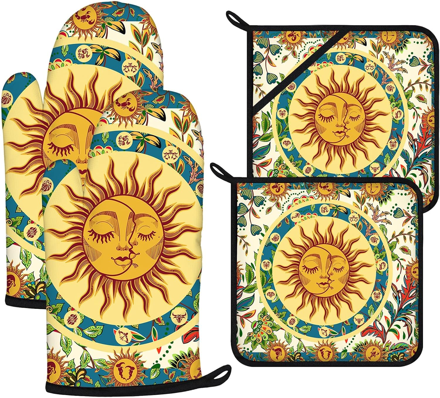 Sun and Moon Oven Mitts and Pot Holders Sets 4Pcs,Extra Long Oven Gloves Potholder for Kitchen Cooking Baking BBQ 100% Cotton Heat Resistant