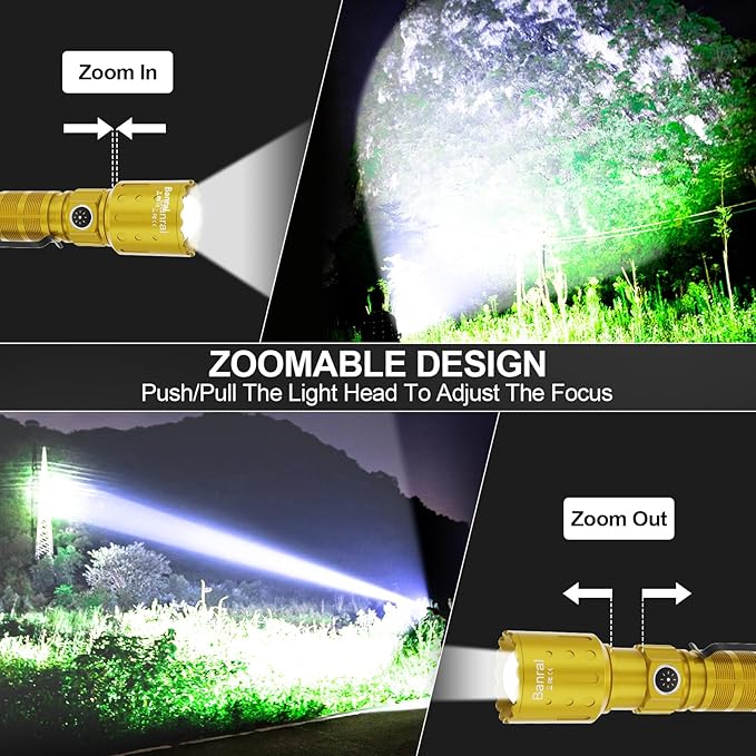 Flashlights High Lumens Rechargeable, 20000 Lumens Super Bright 1500 Meters Long Range Small Powerful Flashlight, 6 Modes LED Tactical Pocket Waterproof Flash Light for Camping (2, Black/Gold)