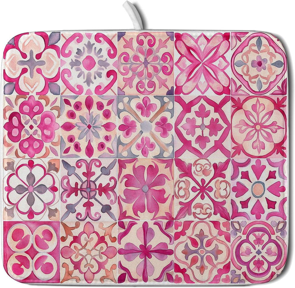 Pink Mexican Tiles Dish Drying Mat Absorbent Microfiber Dish Drying Pad for Kitchen Multi-use Large