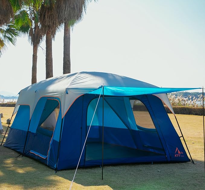 KTT Extra Large Tent 10-12-14 Person(B),Family Cabin Tents,2 Rooms,3 Doors and 3 Windows with Mesh,Straight Wall,Waterproof,Double Layer,Big Tent for Outdoor,Picnic,Camping,Family Gathering
