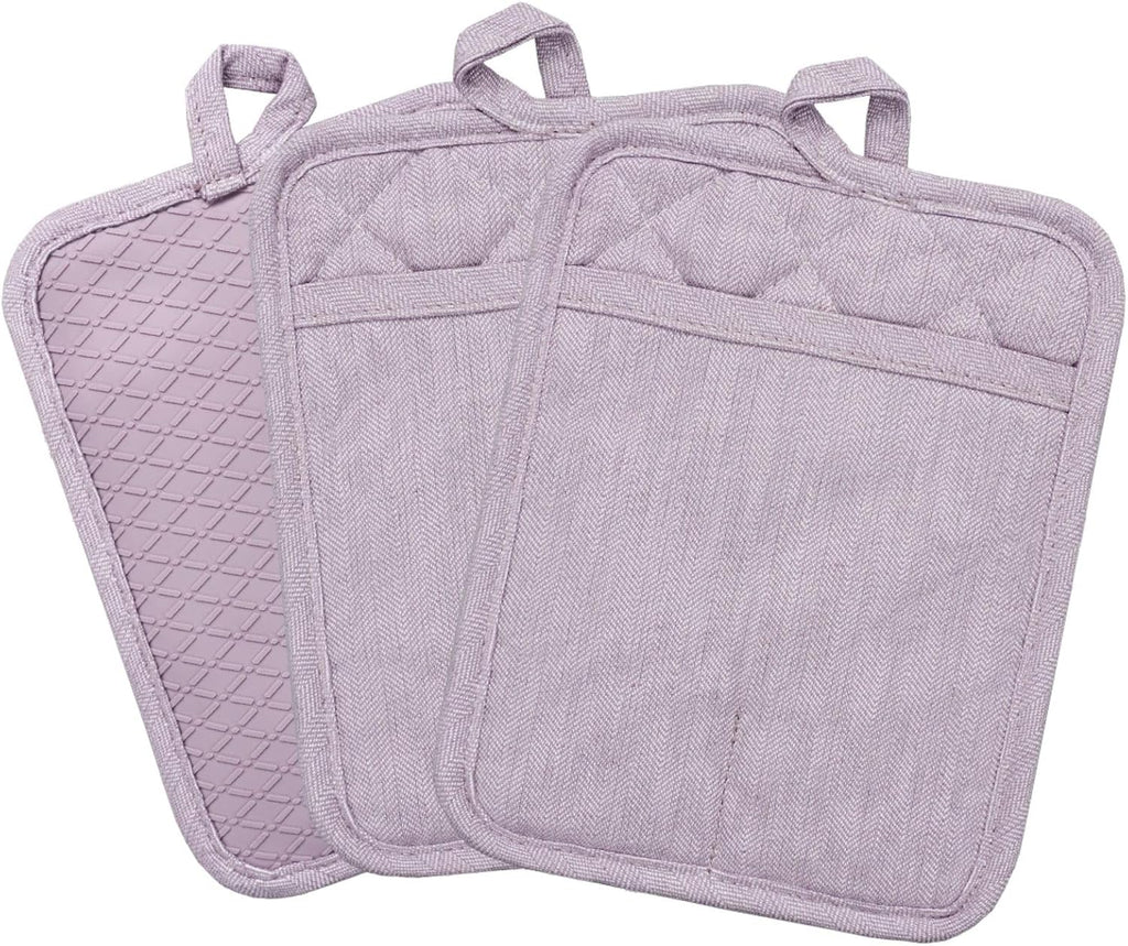 Pot Holders Yarn-Dyed Set of 3 Non Slip Silicone Kitchen Lines Heat Resistant 500℉ Kitchen Gloves BBQ Cooking Baking Cooking Barbecue Microwave Machine Washable (Purple Pot Holders)