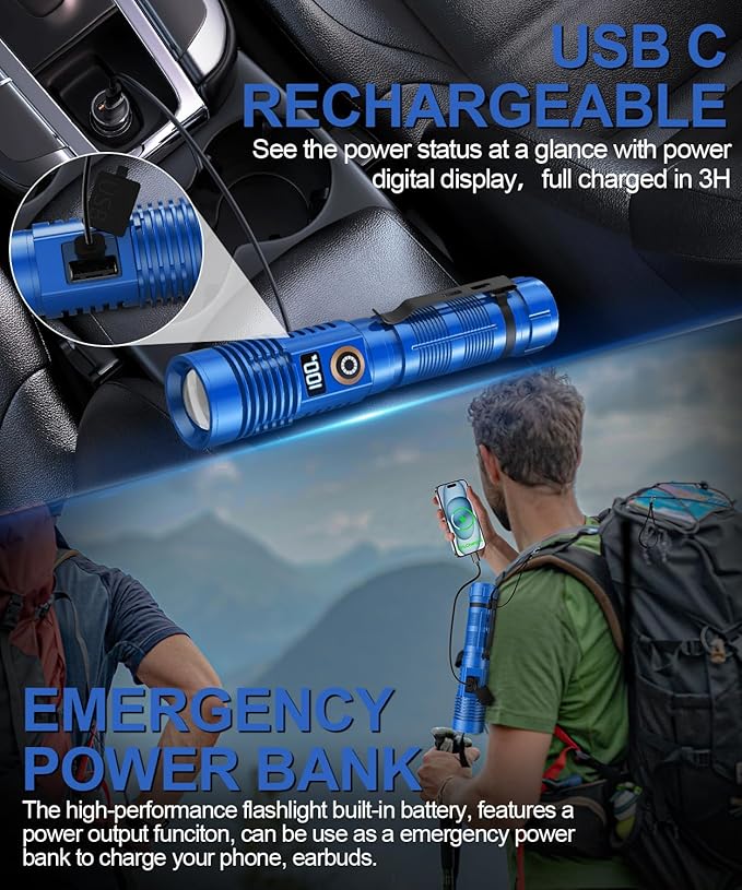 Rechargeable Flashlight High Lumens-12000LM Super Bright Magnetic Flash Light with Power Digital Display,3280Ft Long Range,Dimmable,Waterproof,Pocket LED Flashlights for Emergency Camping 2PC Blue