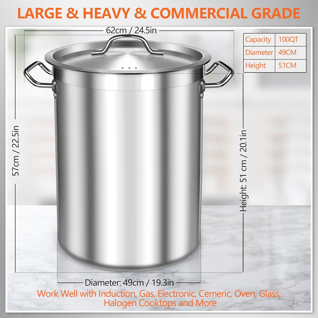 100 Quart Stainless Steel Stock Pot with Lid – Giant Heavy Duty Cooking Pot for Soup, Stew, Crawfish – Commercial Grade, Induction Compatible – Ideal for Catering & Bulk Cooking