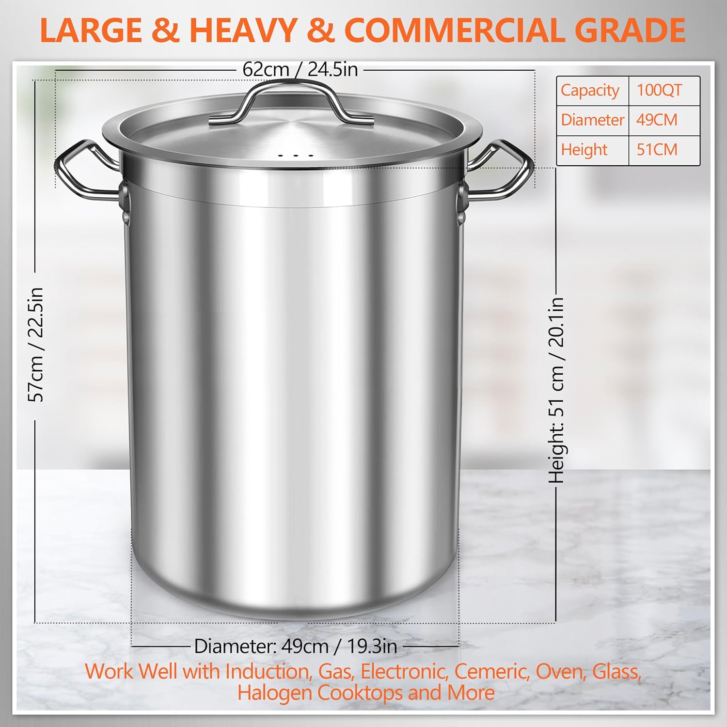 100 Quart Stainless Steel Stock Pot with Lid – Giant Heavy Duty Cooking Pot for Soup, Stew, Crawfish – Commercial Grade, Induction Compatible – Ideal for Catering & Bulk Cooking