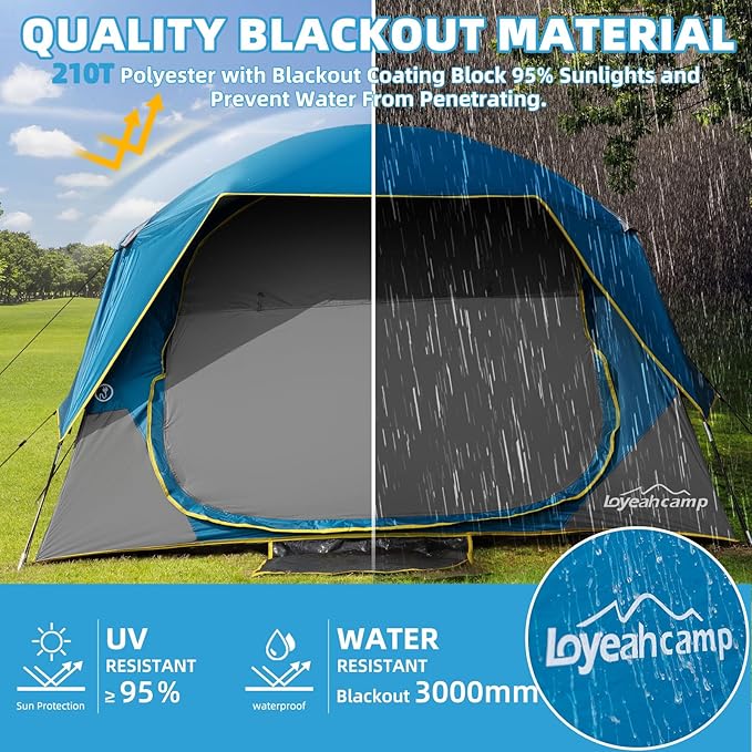4 Person Blackout Camping Tent, Easy Setup Waterproof Family Dome Tent for Camping with Rainfly, Portable Double Layer Large Family Tent for Outdoor Camping&Hiking