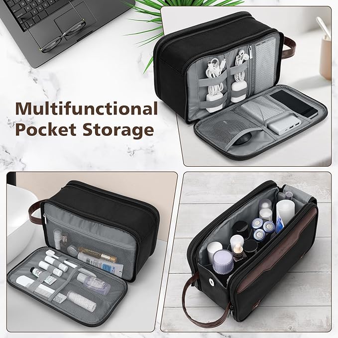 Wedama Toiletry Bag for Men, Large Hanging Travel Toiletry Bag, Extra Electronic Organizer Bag Waterproof Shaving Bag for Toiletries with PU Handle for Travel Business Trips Swim Camping, Black&Brown