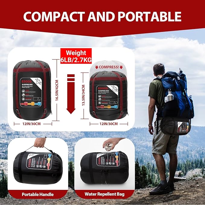 Adult Kids Sleeping Bag - All Season Warm/Cold Weather Lightweight for Camping & Hiking - Compact w/Compression Sack - Portable for Backpacking Travel Indoor - Unisex Boy Girl Man Woman