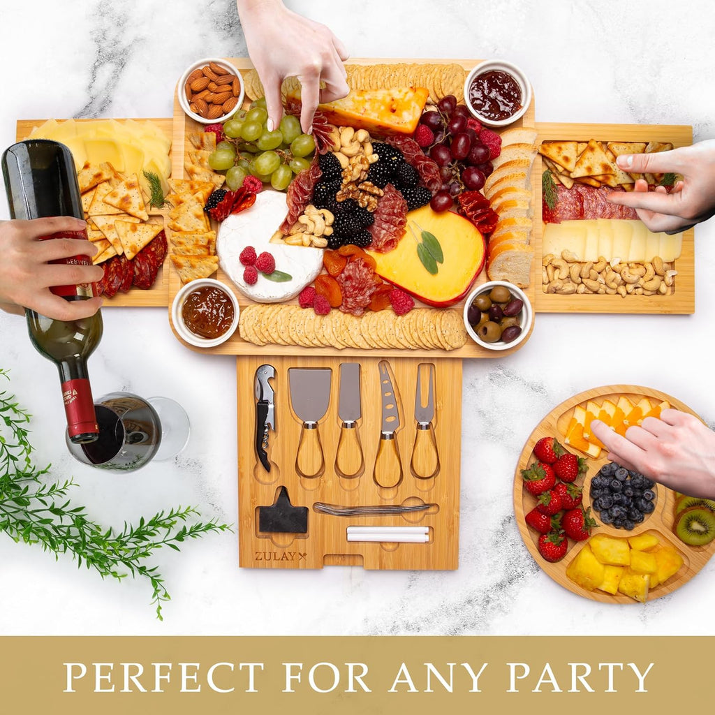 Zulay Kitchen Deluxe Bamboo Cheese Board Set - Extra Thick Bamboo Charcuterie Board Set with 4 Piece Knife Set - Wooden Cheese Board is Perfect for Charcuterie, Wine and Cheese - Luxe